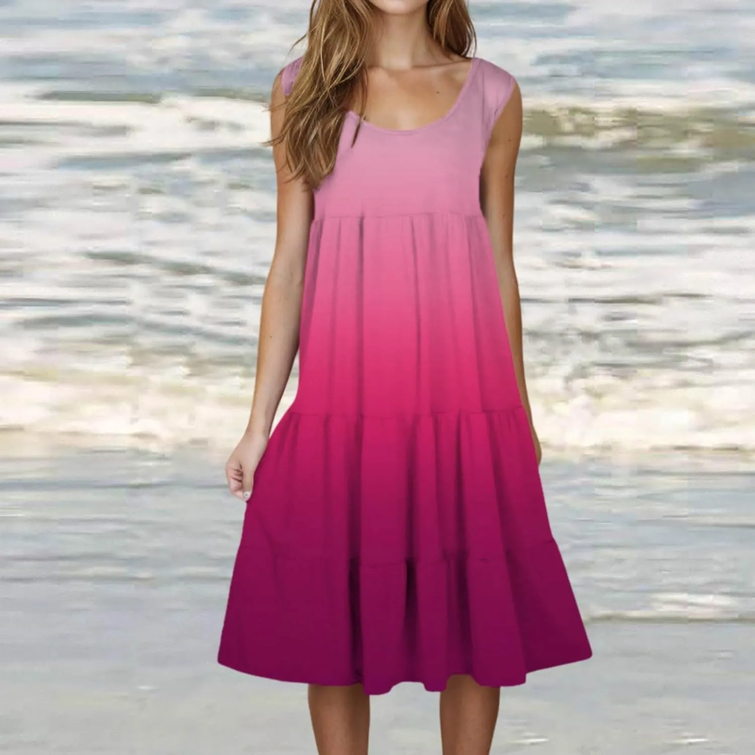 Womens 2025 Summer Casual Boho Dresses Sleeveless Color Block Ruffle Tiered Sundresses Cute Crew Neck Mini Dress
