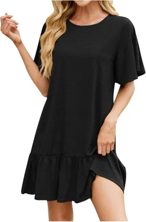 Women's 2025 Summer Mini Dresses Cute Ruffle Hem Loose Flowy Dress Short Sleeve Round Neck Casual Smock Dress