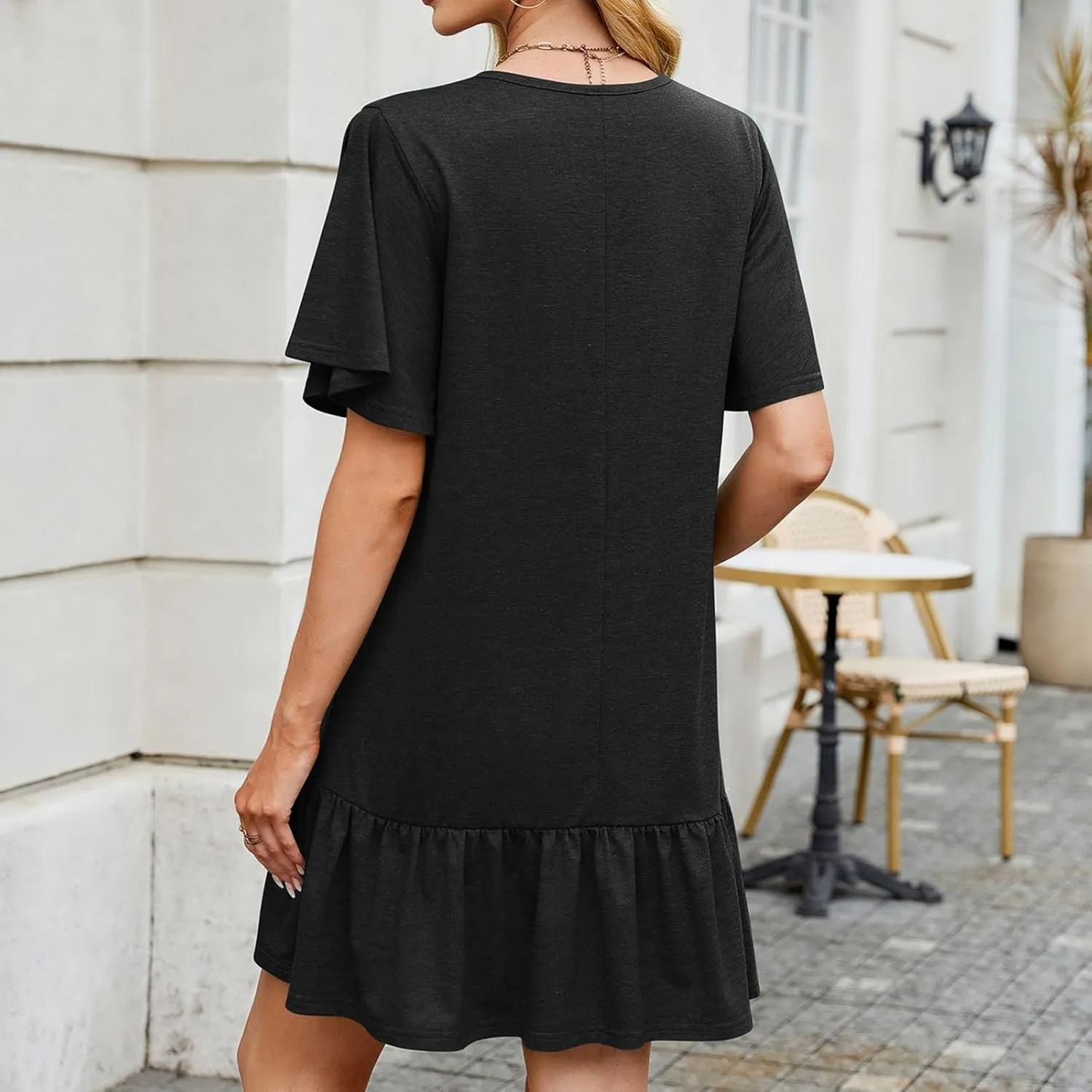Women's 2025 Summer Mini Dresses Cute Ruffle Hem Loose Flowy Dress Short Sleeve Round Neck Casual Smock Dress