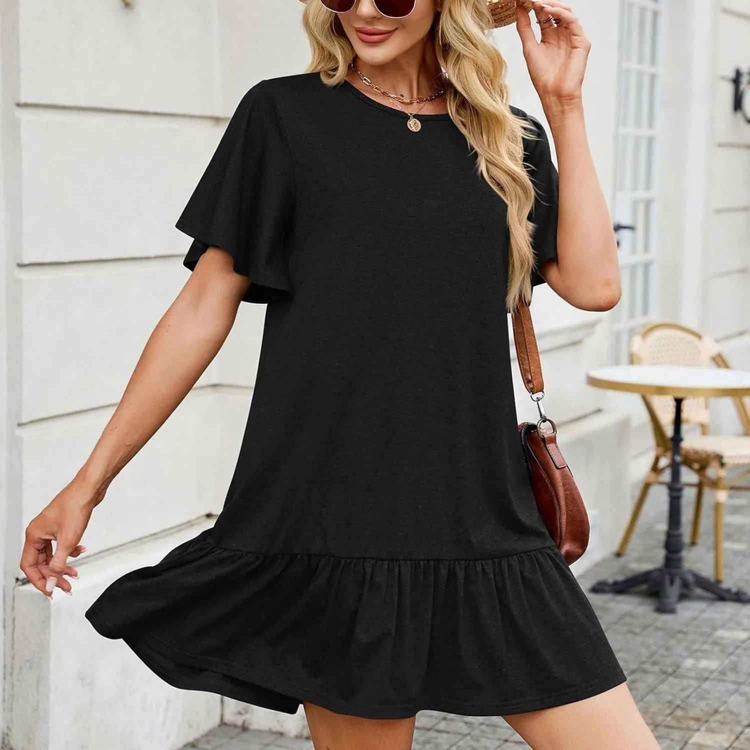 Women's 2025 Summer Mini Dresses Cute Ruffle Hem Loose Flowy Dress Short Sleeve Round Neck Casual Smock Dress