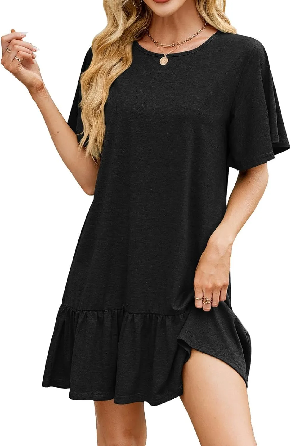 Women's 2025 Summer Mini Dresses Cute Ruffle Hem Loose Flowy Dress Short Sleeve Round Neck Casual Smock Dress