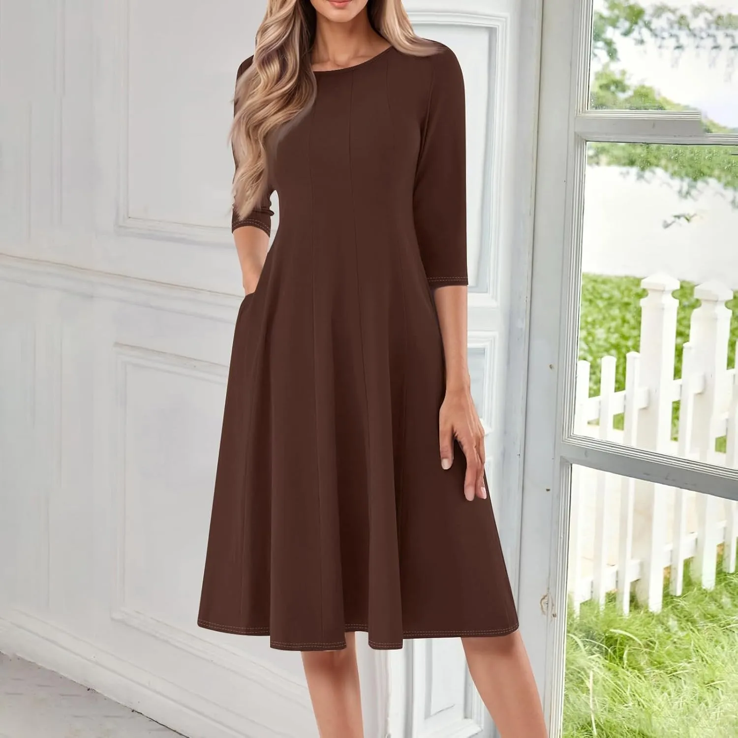 Womens 2025 Trendy Dresses Crew Neck 3/4 Sleeve A Line Loose Casual Midi Dress with Pockets
