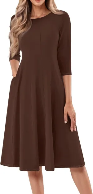 Womens 2025 Trendy Dresses Crew Neck 3/4 Sleeve A Line Loose Casual Midi Dress with Pockets