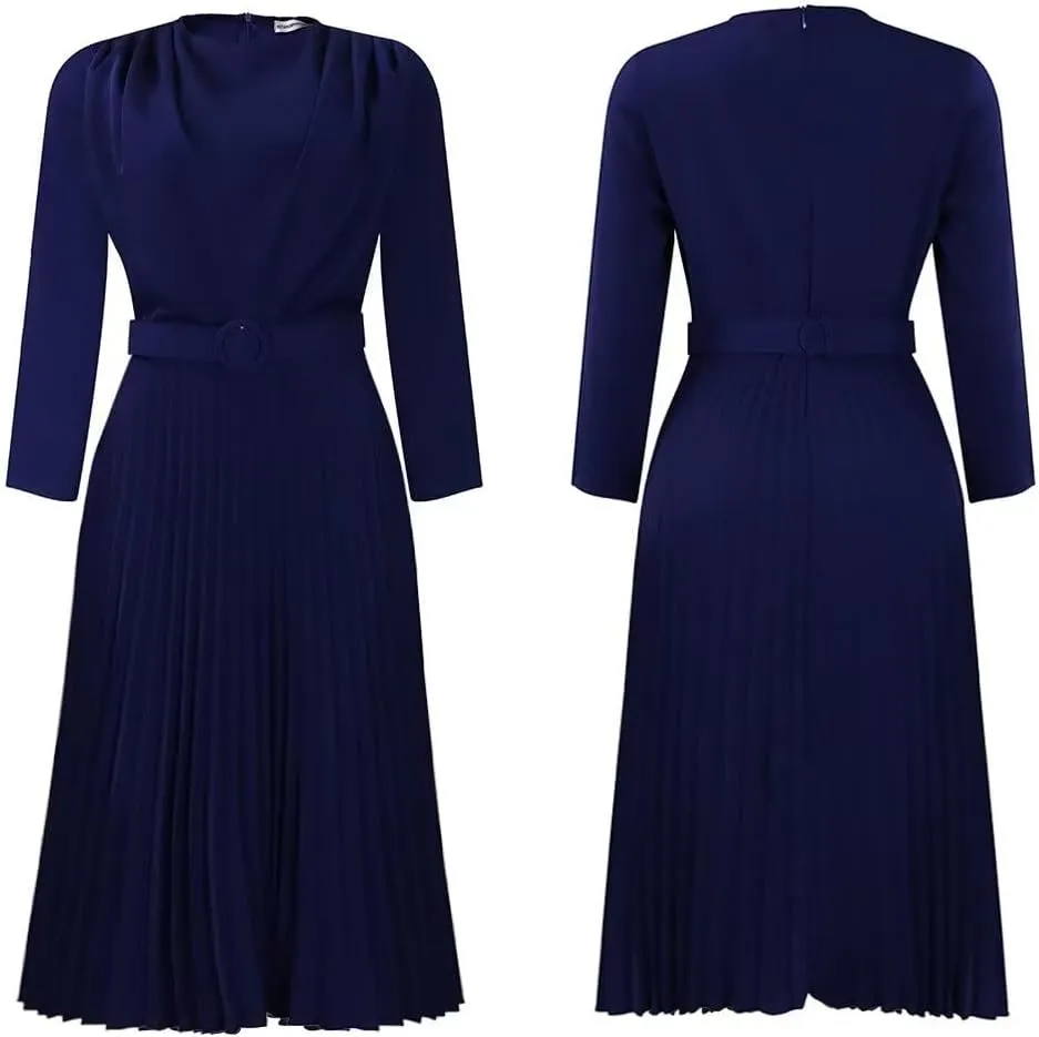 Women's A Line Round Neck Pleated Dress Plus Size Lantern Sleeves Midi Wedding Guest Dresses