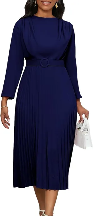 Women's A Line Round Neck Pleated Dress Plus Size Lantern Sleeves Midi Wedding Guest Dresses