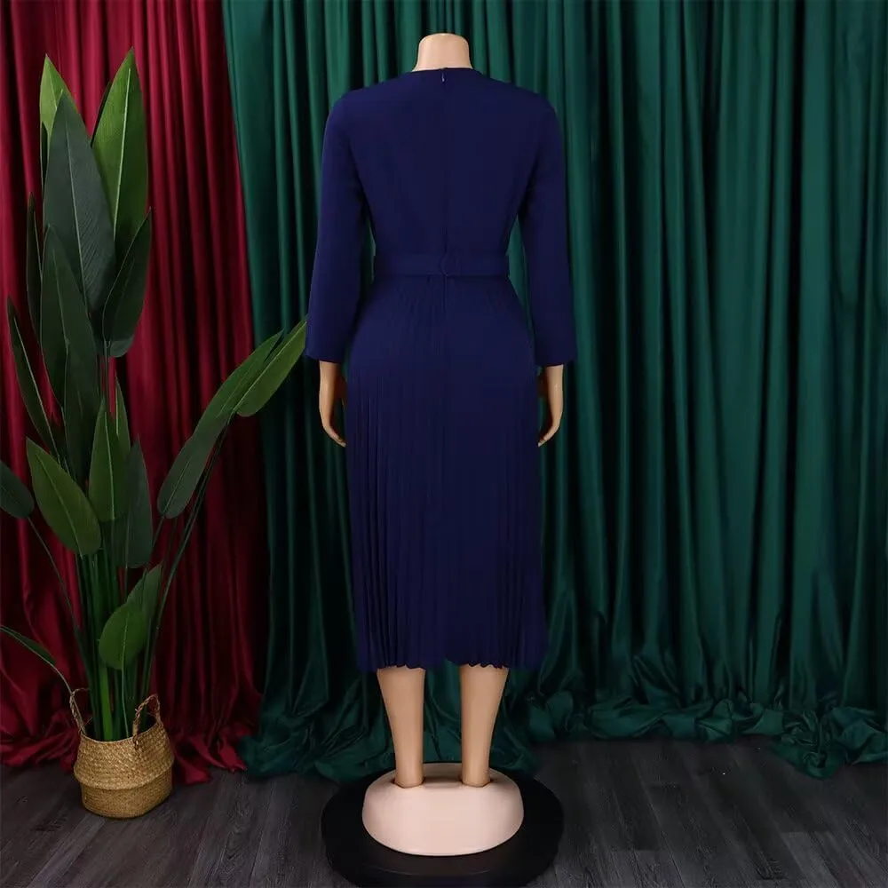 Women's A Line Round Neck Pleated Dress Plus Size Lantern Sleeves Midi Wedding Guest Dresses