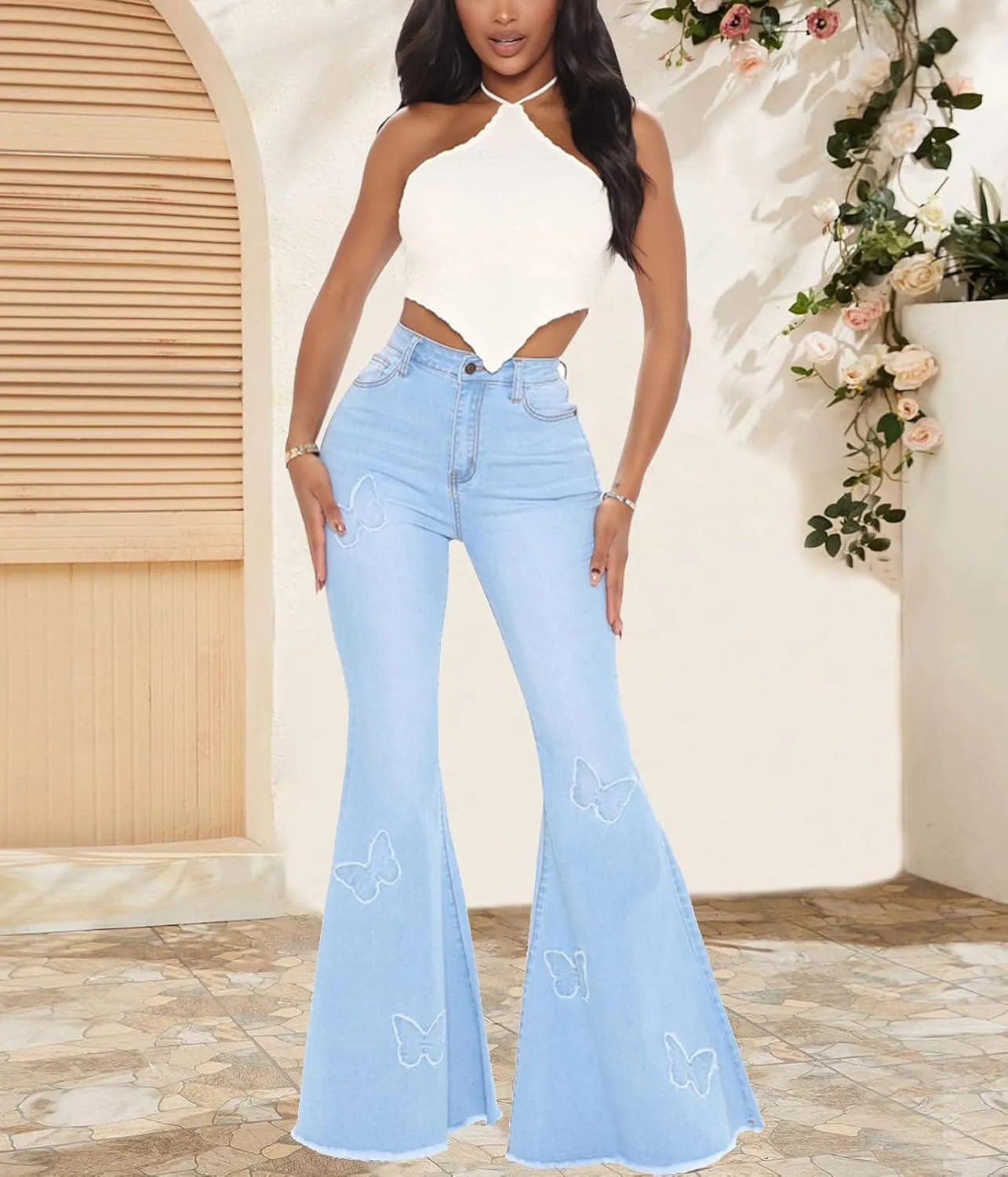 Women's Bell Bottom Jeans Classic Destoryed Ripped Flare Jeans Elastic Waist Raw Hem Denim Pants