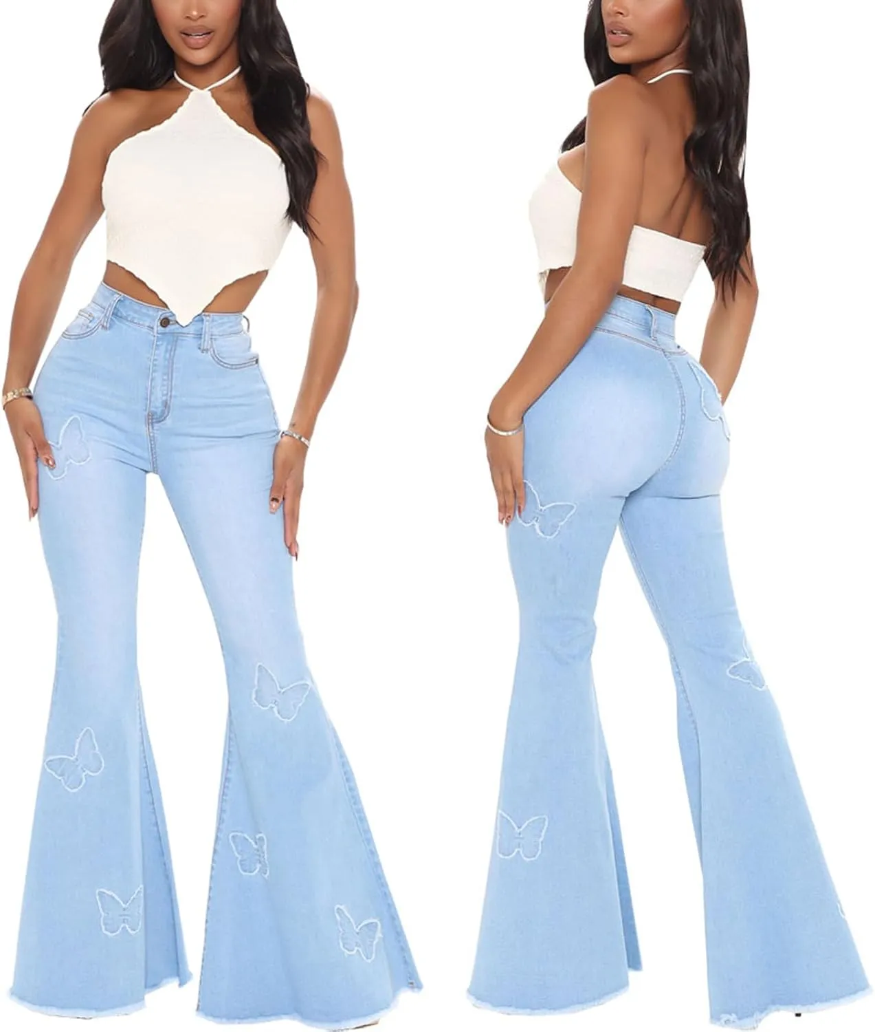 Women's Bell Bottom Jeans Classic Destoryed Ripped Flare Jeans Elastic Waist Raw Hem Denim Pants
