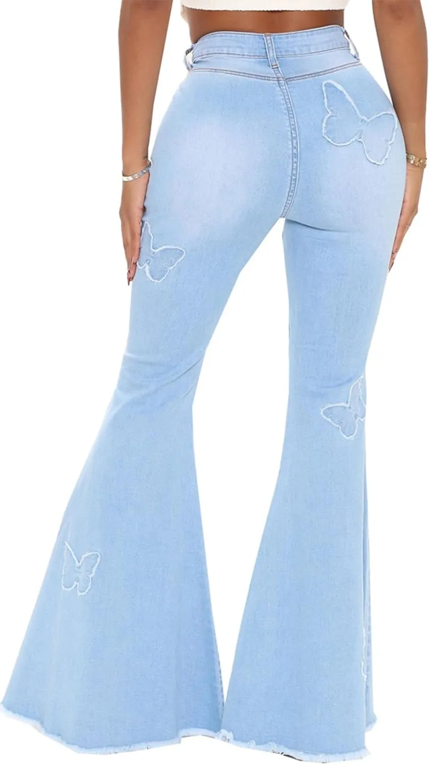 Women's Bell Bottom Jeans Classic Destoryed Ripped Flare Jeans Elastic Waist Raw Hem Denim Pants
