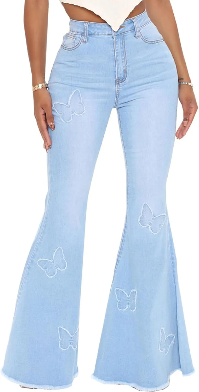 Women's Bell Bottom Jeans Classic Destoryed Ripped Flare Jeans Elastic Waist Raw Hem Denim Pants