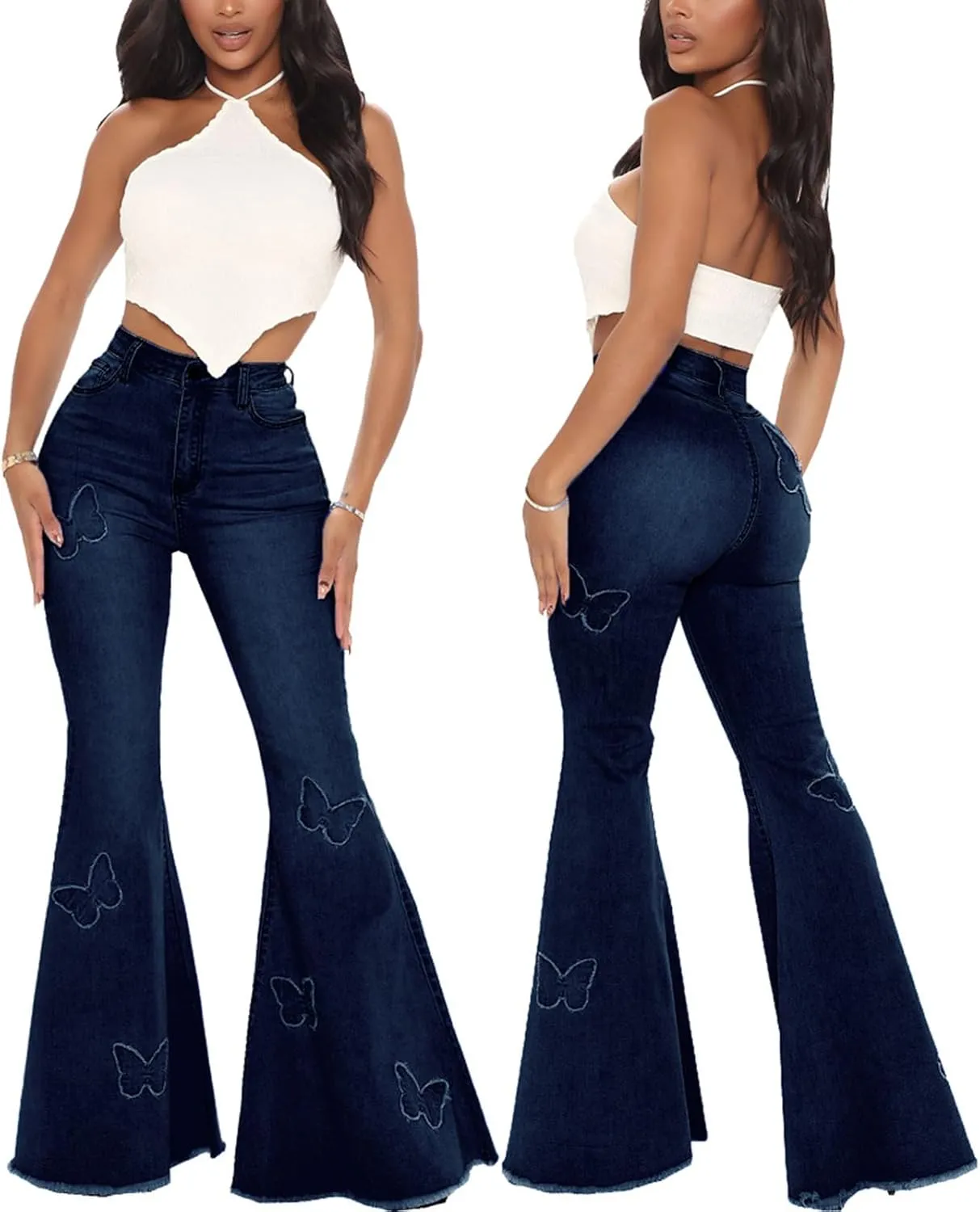 Women's Bell Bottom Jeans Classic Destoryed Ripped Flare Jeans Elastic Waist Raw Hem Denim Pants