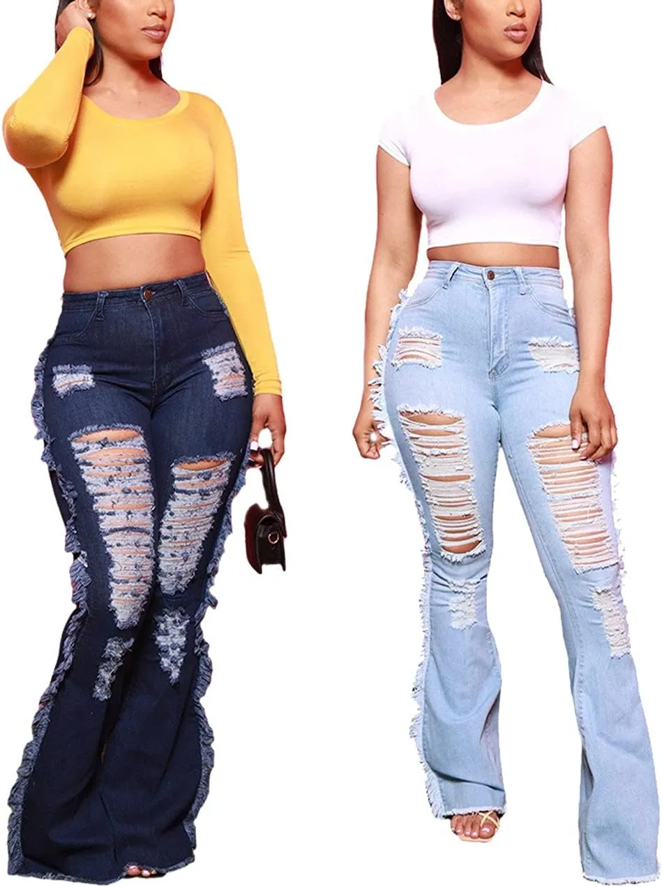 Women's Bell Bottom Jeans Classic Destoryed Ripped Flare Jeans Elastic Waist Raw Hem Denim Pants