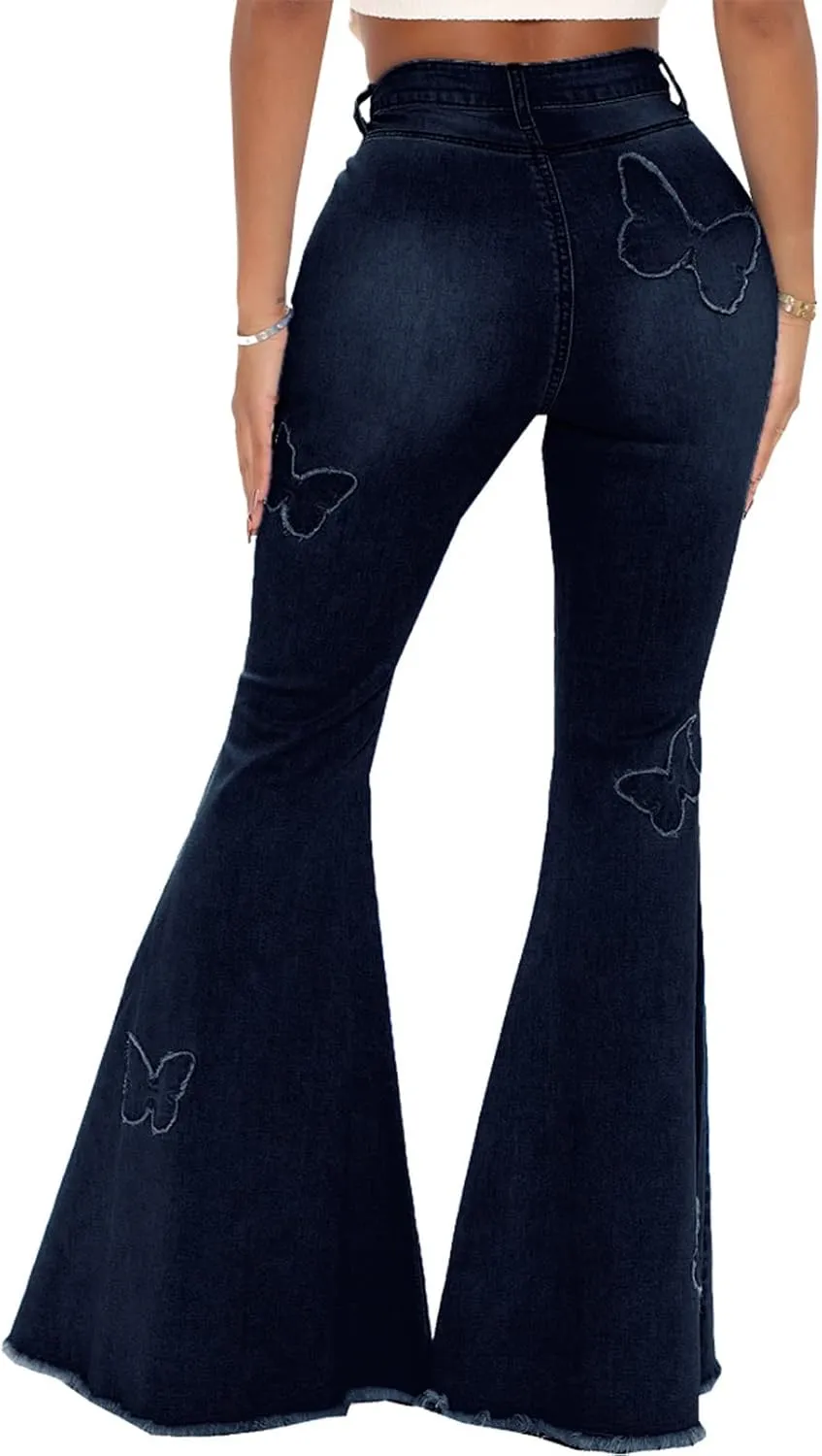 Women's Bell Bottom Jeans Classic Destoryed Ripped Flare Jeans Elastic Waist Raw Hem Denim Pants