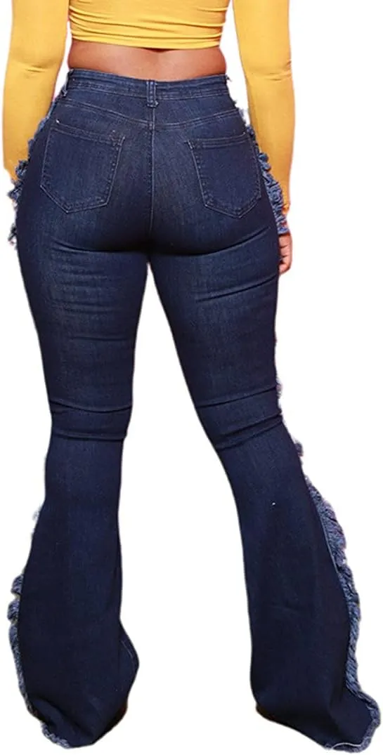 Women's Bell Bottom Jeans Classic Destoryed Ripped Flare Jeans Elastic Waist Raw Hem Denim Pants