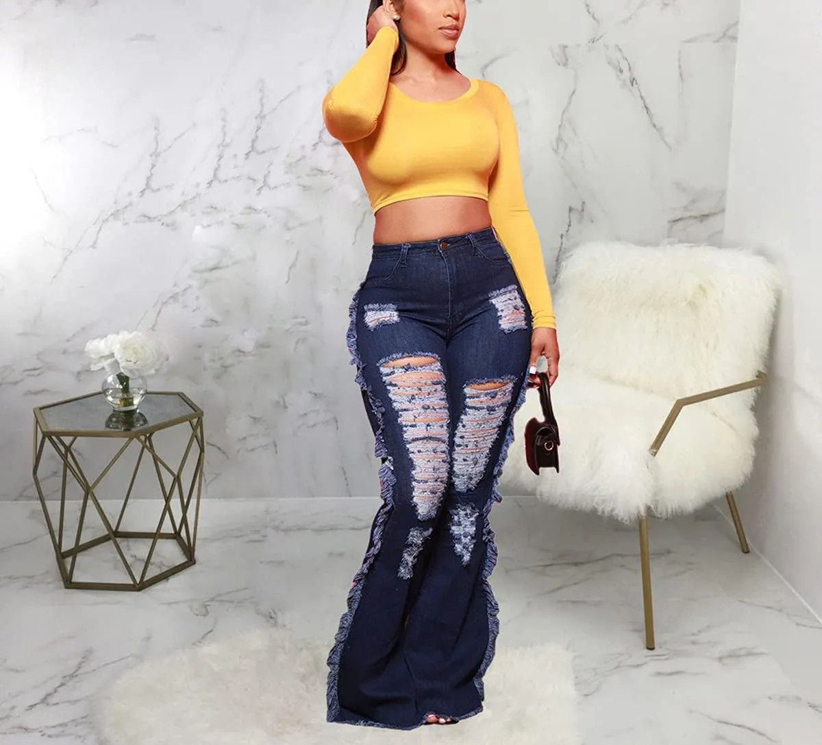 Women's Bell Bottom Jeans Classic Destoryed Ripped Flare Jeans Elastic Waist Raw Hem Denim Pants