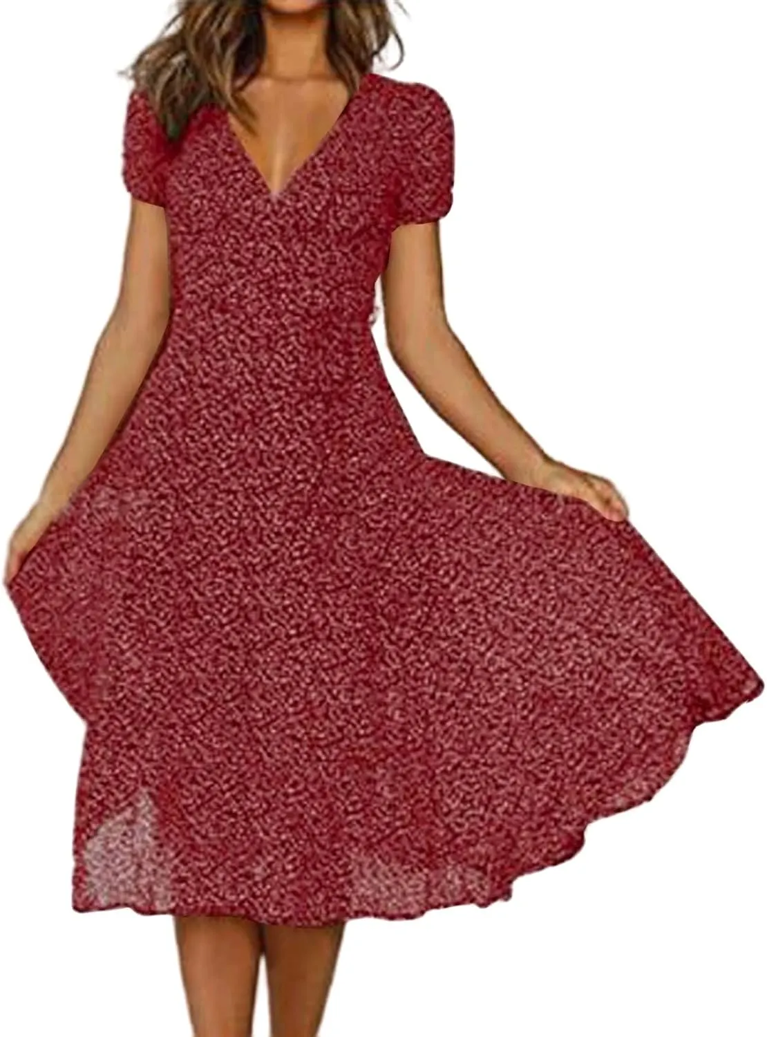 Womens Boho Dresses Summer Flowy V Neck Puff Short Sleeve Midi Dress Trendy Color Block Floral Smocked Beach Dress