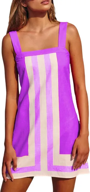 Womens Boho Mini Dress Summer Floral Square Neck Strap Sleeveless Dresses Casual Color Block Vacation Short Sundress