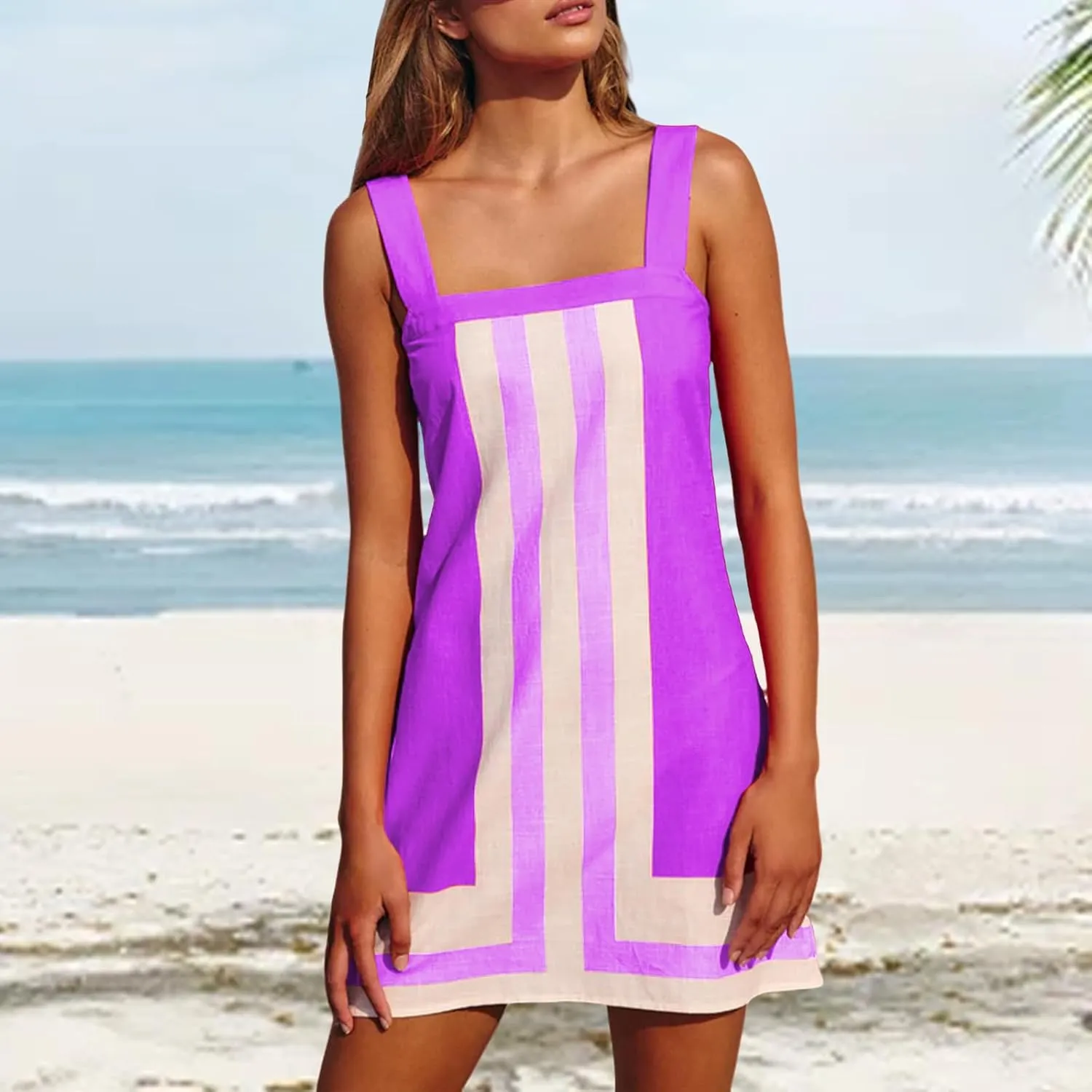 Womens Boho Mini Dress Summer Floral Square Neck Strap Sleeveless Dresses Casual Color Block Vacation Short Sundress