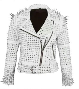 Women's Brando Full Long Spiked Punk Rock Studded Leather Jacket - Punk Rockstar Music Festival Moto Biker Jacket