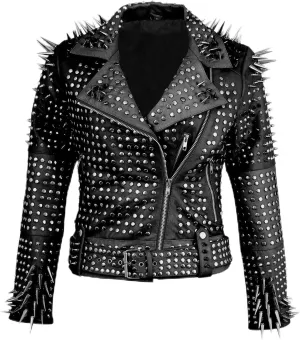 Women's Brando Full Long Spiked Punk Rock Studded Leather Jacket - Punk Rockstar Music Festival Moto Biker Jacket