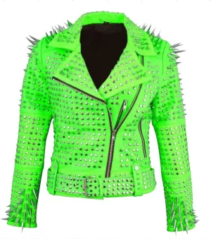 Women's Brando Full Long Spiked Punk Rock Studded Leather Jacket - Punk Rockstar Music Festival Moto Biker Jacket