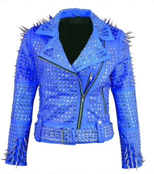Women's Brando Full Long Spiked Punk Rock Studded Leather Jacket - Punk Rockstar Music Festival Moto Biker Jacket
