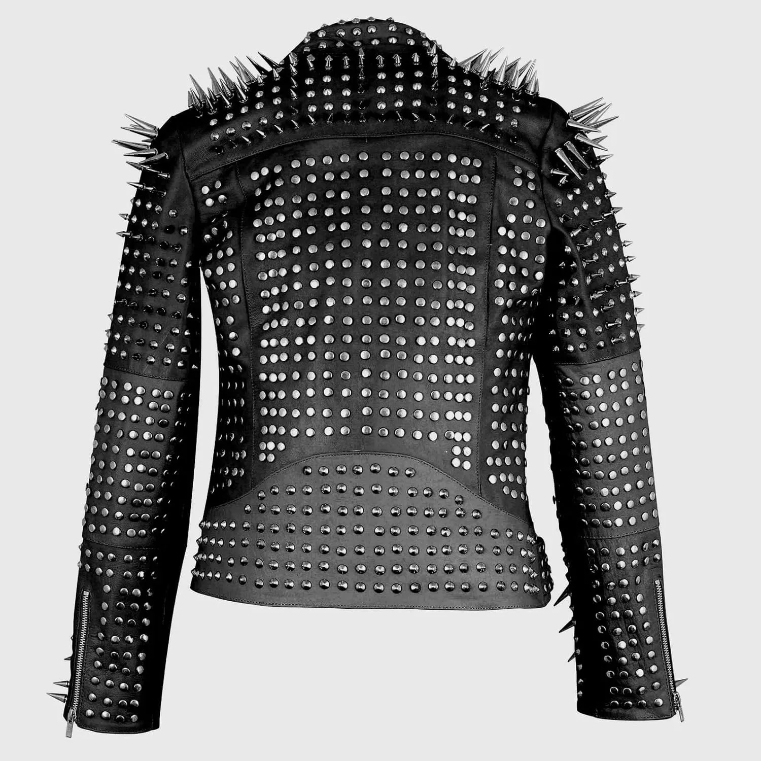 Women's Brando Full Long Spiked Punk Rock Studded Leather Jacket - Punk Rockstar Music Festival Moto Biker Jacket