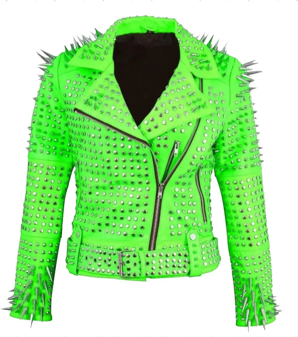 Women's Brando Full Long Spiked Punk Rock Studded Leather Jacket - Punk Rockstar Music Festival Moto Biker Jacket