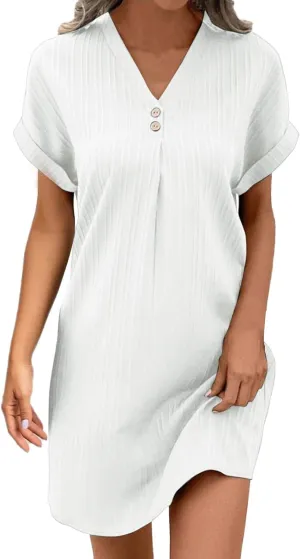 Womens Button Down Shirt Dresses Summer Cotton Linen Dress V-Neck Mini Dress Casual Short Sleeve Loose Tunic Dresses
