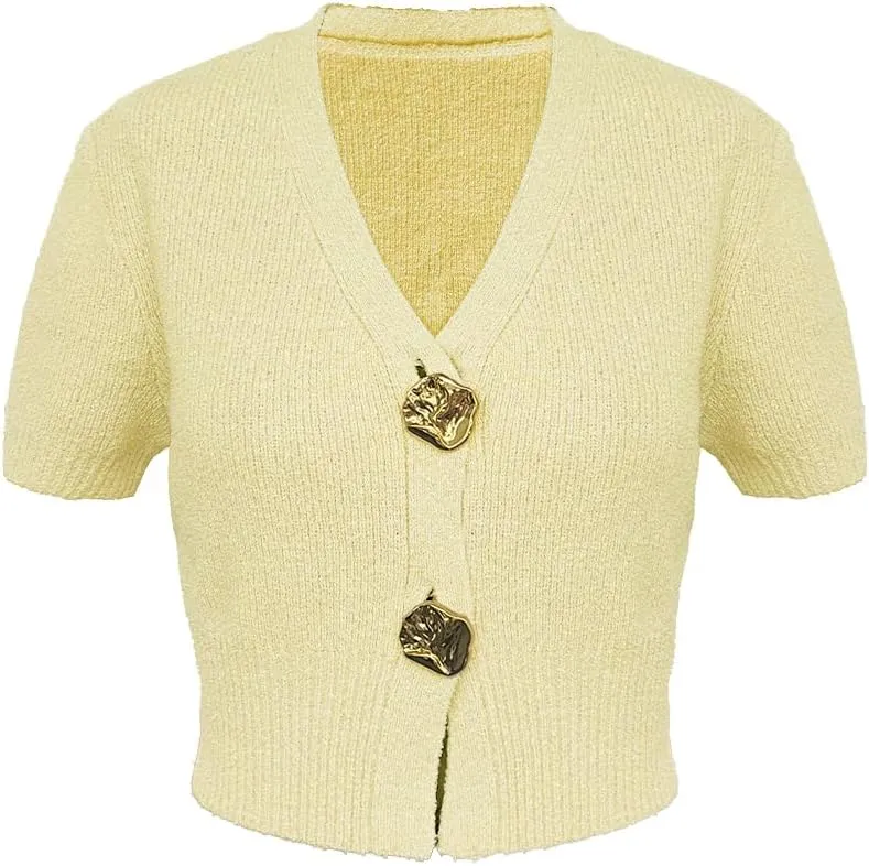 Women's Cardigan Sweaters Short Sleeve V Neck Gold Button Down Cropped Knit Casual Summer Tops