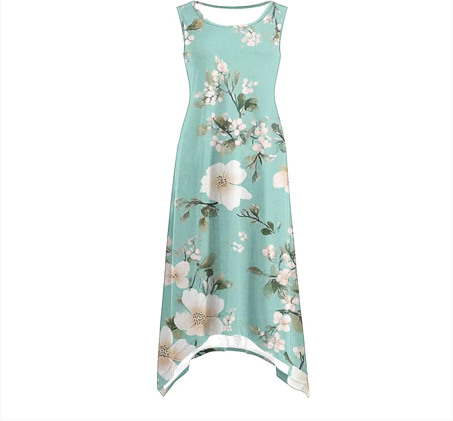 Womens Casual Dress Summer Floral Long Tank Dresses Hankerchief Flare Loose Flowy Midi Beach Sundress with Pockets