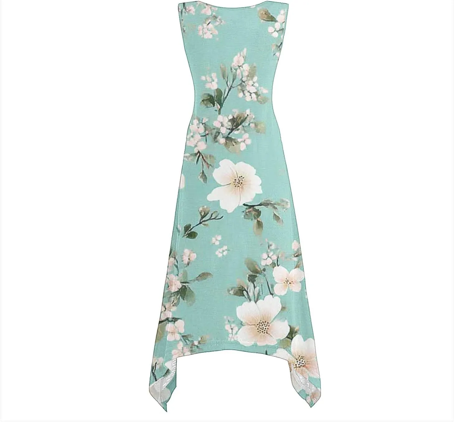 Womens Casual Dress Summer Floral Long Tank Dresses Hankerchief Flare Loose Flowy Midi Beach Sundress with Pockets