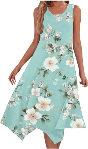Womens Casual Dress Summer Floral Long Tank Dresses Hankerchief Flare Loose Flowy Midi Beach Sundress with Pockets