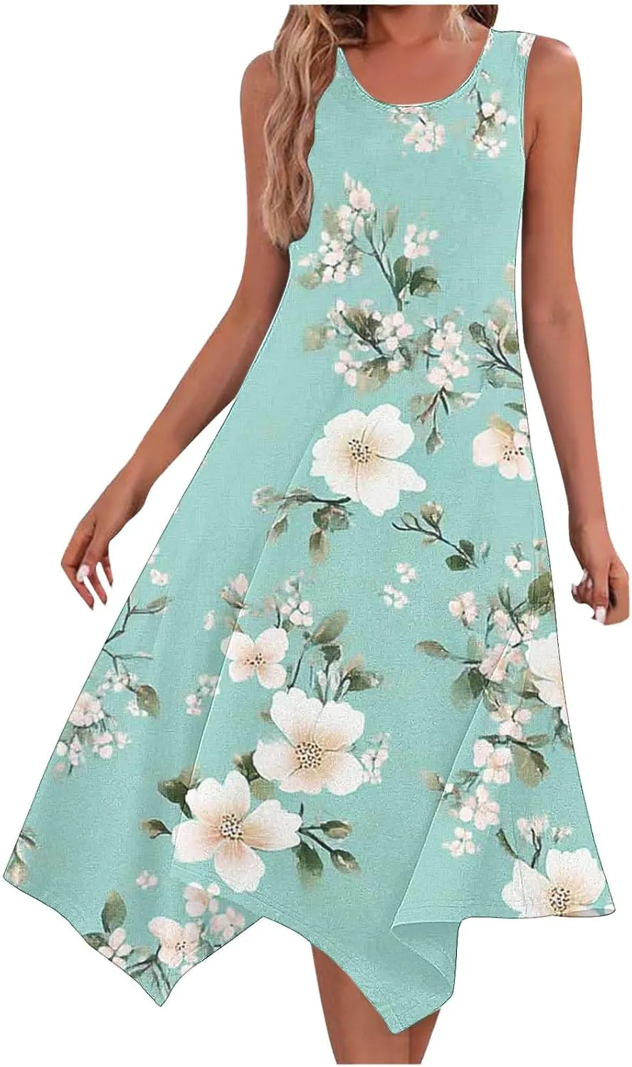 Womens Casual Dress Summer Floral Long Tank Dresses Hankerchief Flare Loose Flowy Midi Beach Sundress with Pockets