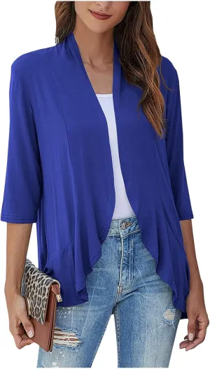 Women's Casual Lightweight Open Front Cardigans Soft Draped Ruffles 3/4 Sleeve Cardigan