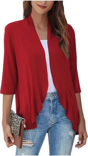Women's Casual Lightweight Open Front Cardigans Soft Draped Ruffles 3/4 Sleeve Cardigan