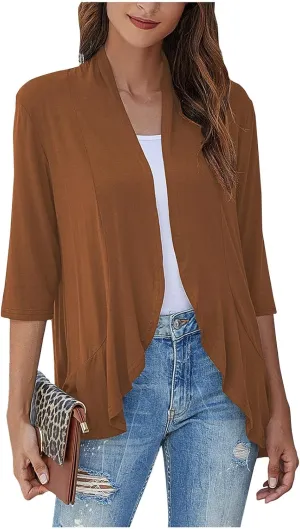 Women's Casual Lightweight Open Front Cardigans Soft Draped Ruffles 3/4 Sleeve Cardigan