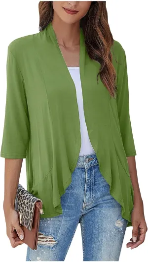 Women's Casual Lightweight Open Front Cardigans Soft Draped Ruffles 3/4 Sleeve Cardigan