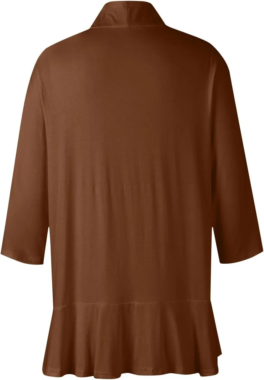 Women's Casual Lightweight Open Front Cardigans Soft Draped Ruffles 3/4 Sleeve Cardigan