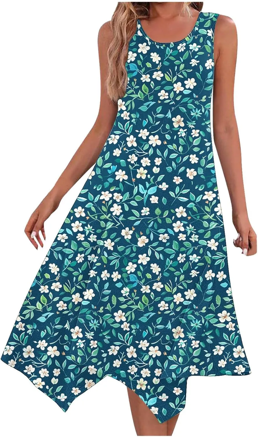 Womens Casual Long Tank Dress Floral Print Summer Loose Flowy Beach Sundress Hankerchief Flare Midi Swing Dresses