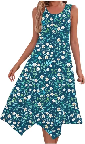 Womens Casual Long Tank Dress Floral Print Summer Loose Flowy Beach Sundress Hankerchief Flare Midi Swing Dresses