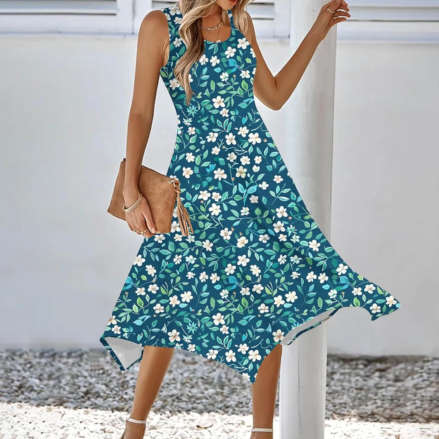 Womens Casual Long Tank Dress Floral Print Summer Loose Flowy Beach Sundress Hankerchief Flare Midi Swing Dresses