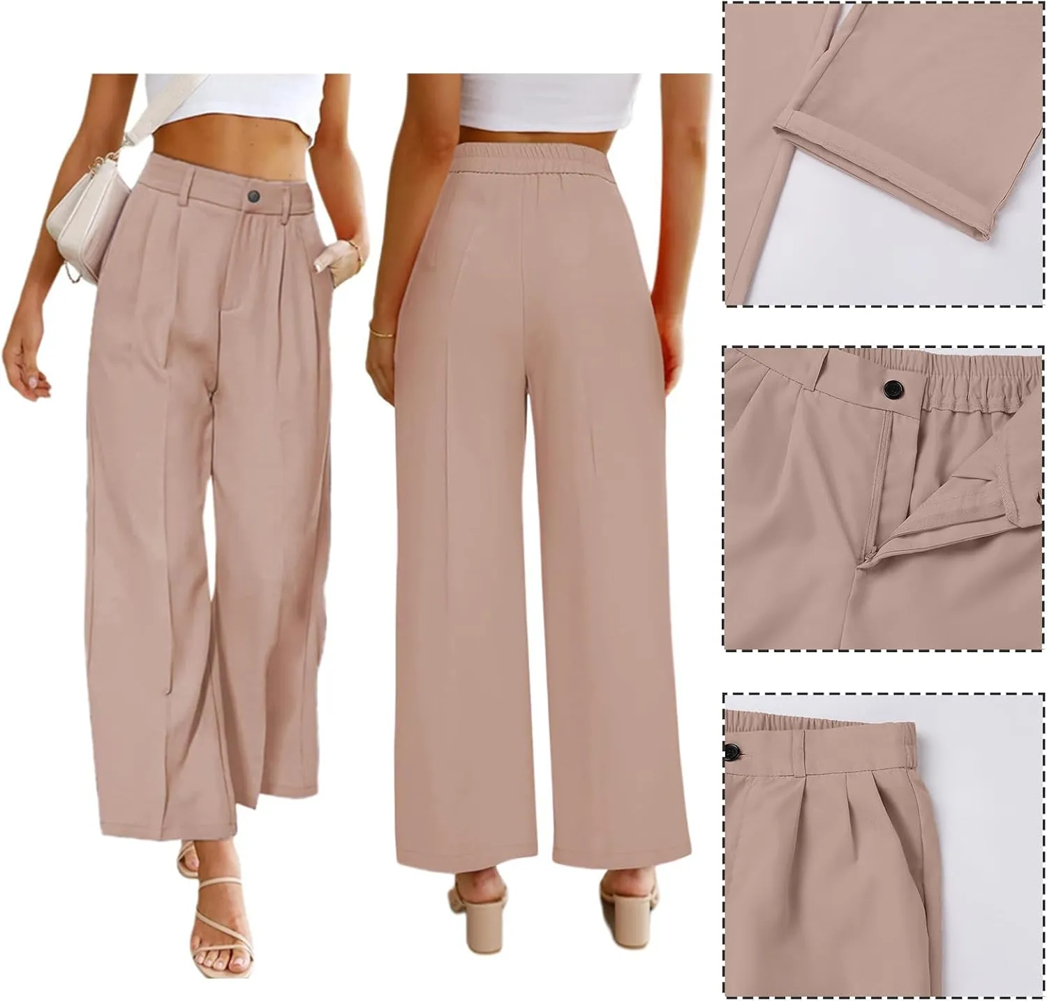 Women's Casual Pants High Waist Wide Leg Pants with Pockets Office Business Trousers