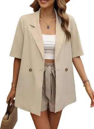 Women's Casual Short Sleeve Blazers Oversized Lapel Button Solid Work Office Blazer Jacket Spring Summer Apricot