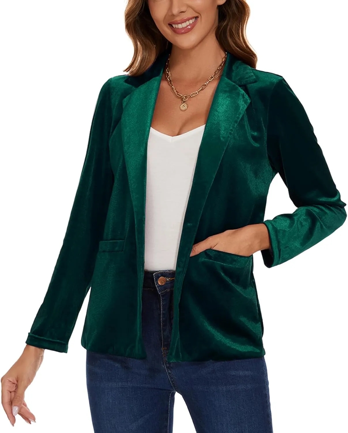 Women's Casual Velvet Blazer Work Office Long Sleeve Lapel Button Tailored Jacket Coat Blazer with Pockets