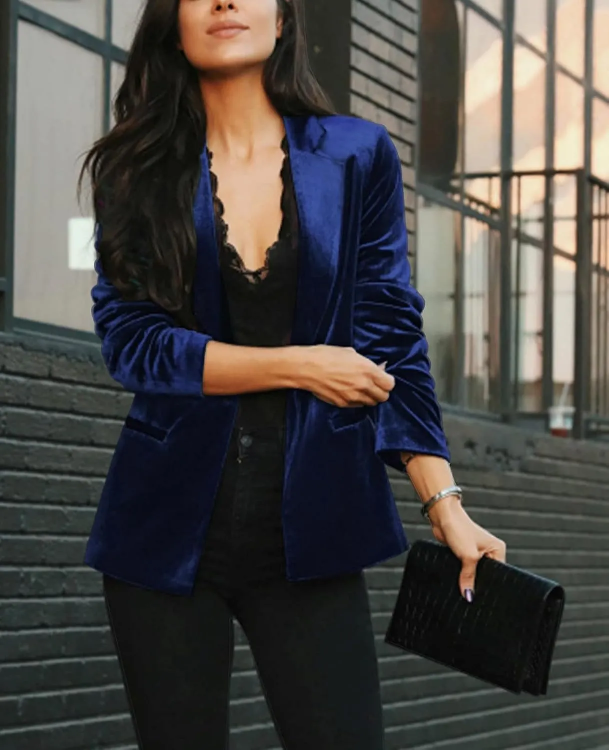 Women's Casual Velvet Blazer Work Office Long Sleeve Lapel Button Tailored Jacket Coat Blazer with Pockets