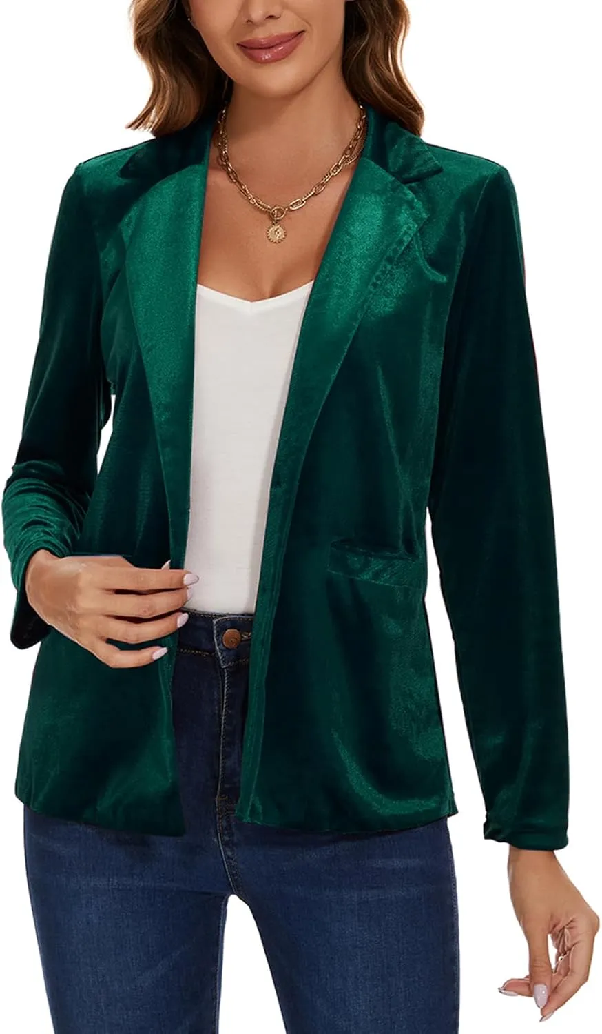 Women's Casual Velvet Blazer Work Office Long Sleeve Lapel Button Tailored Jacket Coat Blazer with Pockets