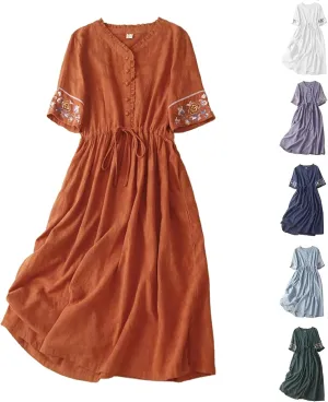 Women's Cotton Linen Dresses Summer Embroidered Sleeve A Line Comfy Cotton Maxi Dress Trendy Summer Vacation Clothes