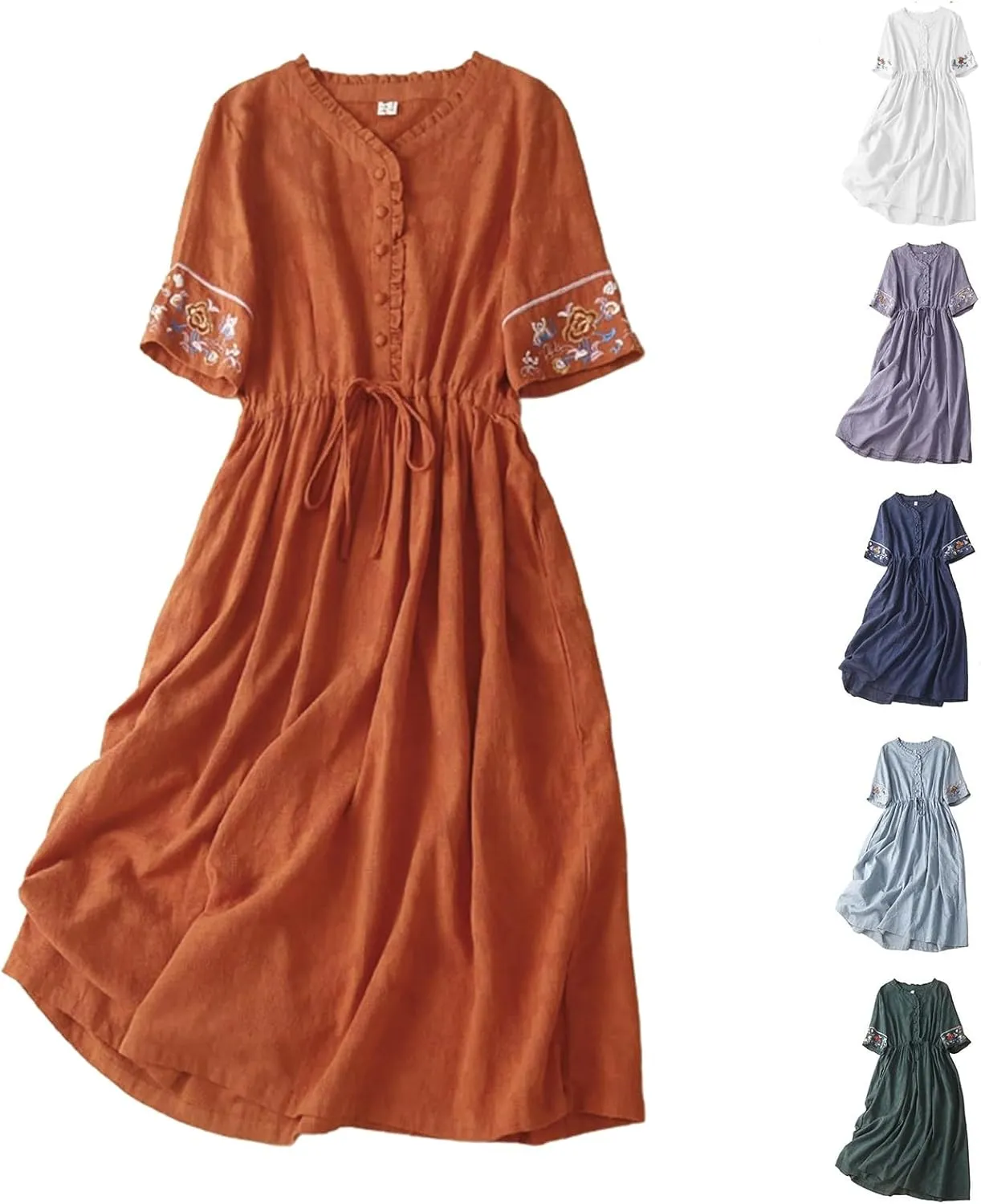 Women's Cotton Linen Dresses Summer Embroidered Sleeve A Line Comfy Cotton Maxi Dress Trendy Summer Vacation Clothes