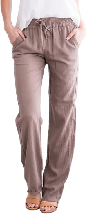 Women's Cotton Linen Palazzo Pants Summer Solid Color Drawstring Wide Leg Loose Beach Trousers with Pockets